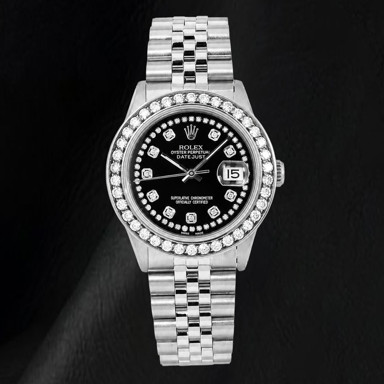 Montre Rolex Datejust 16030 36 mm Cadran Diamants Noir Filet Acier Inoxydable