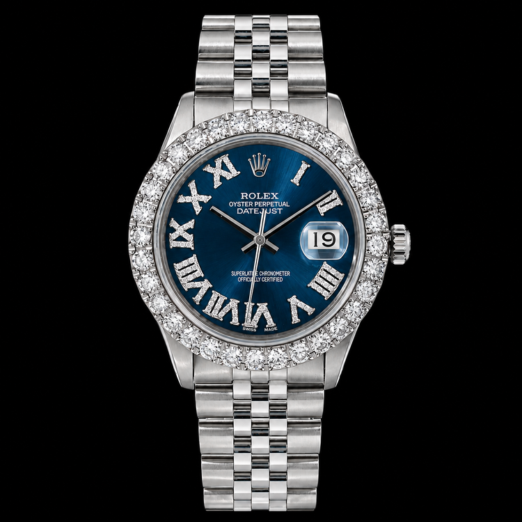 Montre Rolex Datejust 16030 36 mm en Acier Inoxydable Cadran Diamants Bleu Chiffres Romains