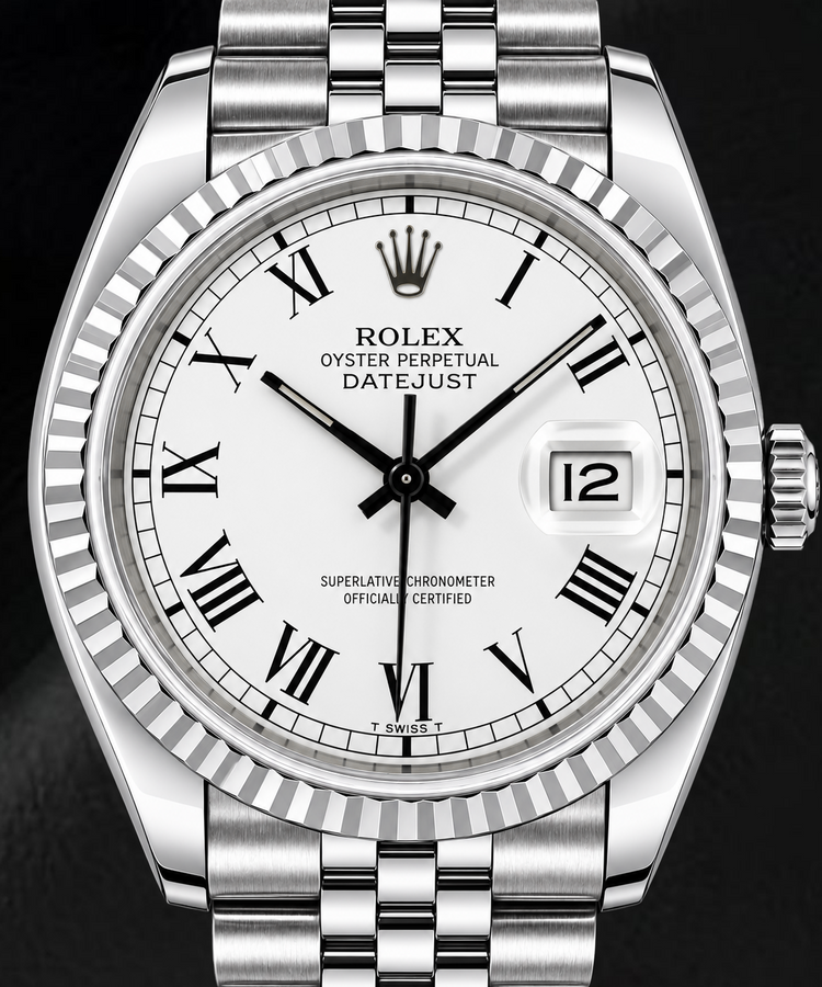 Rolex Datejust 1603 36 mm Montre en Acier Inoxydable Cadran Blanc à Chiffres Romains