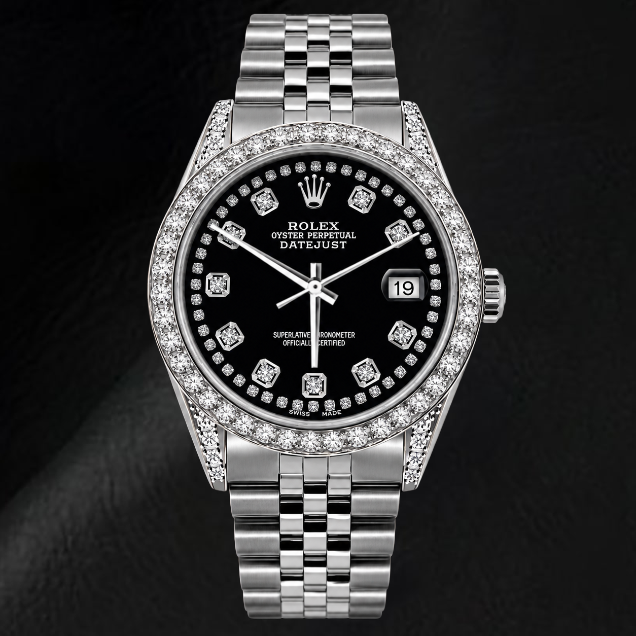 Montre Rolex Datejust 16200 36 mm en Acier Inoxydable avec Cadran Diamants Noir et Filet de Diamants