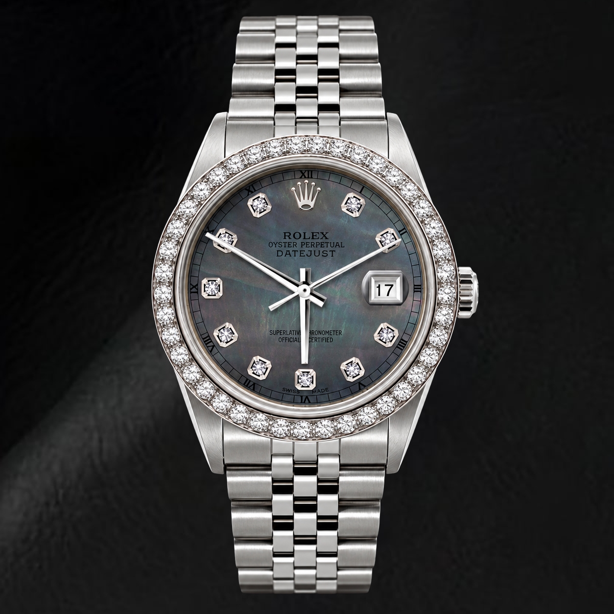 Montre Rolex Datejust 16200 36 mm en Acier Inoxydable avec Cadran Diamants en Nacre Noire
