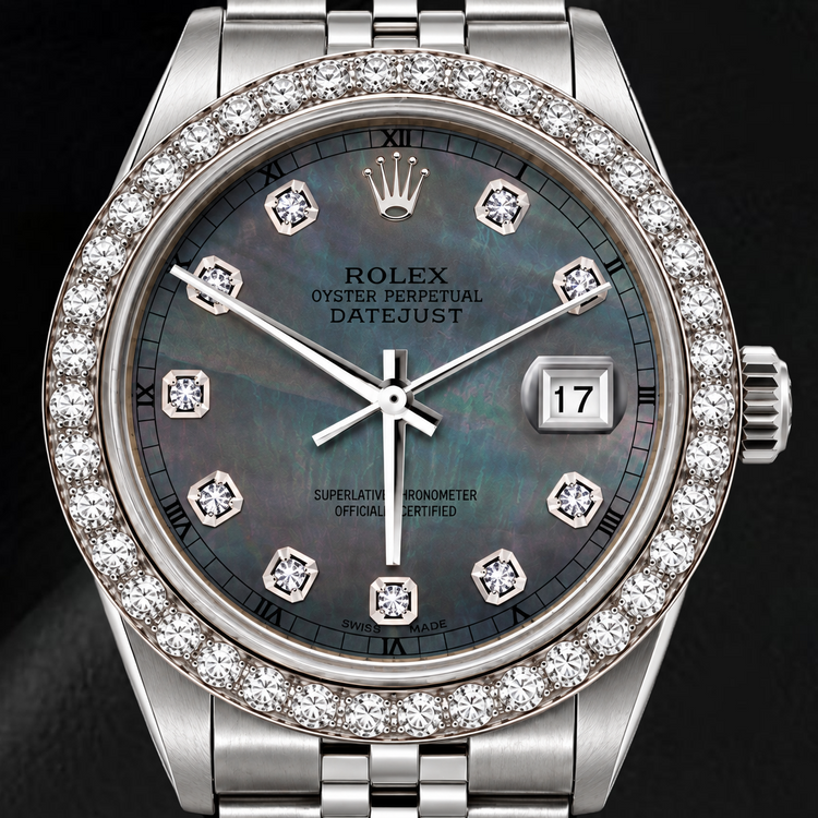 Montre Rolex Datejust 16200 36 mm en Acier Inoxydable avec Cadran Diamants en Nacre Noire