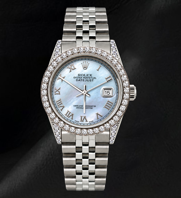 Montre Rolex Datejust 16200 36 mm en Acier Inoxydable Cadran en Nacre Bleue à Chiffres Romains