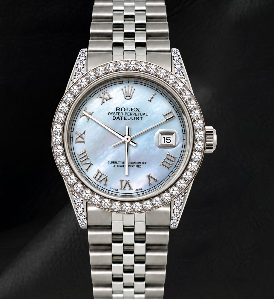 Montre Rolex Datejust 16200 36 mm en Acier Inoxydable Cadran en Nacre Bleue à Chiffres Romains