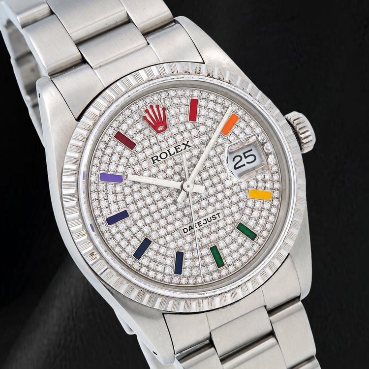 Montre Rolex Datejust 16200 36 mm en Acier Inoxydable Cadran Diamants Pavé Arc-en-Ciel