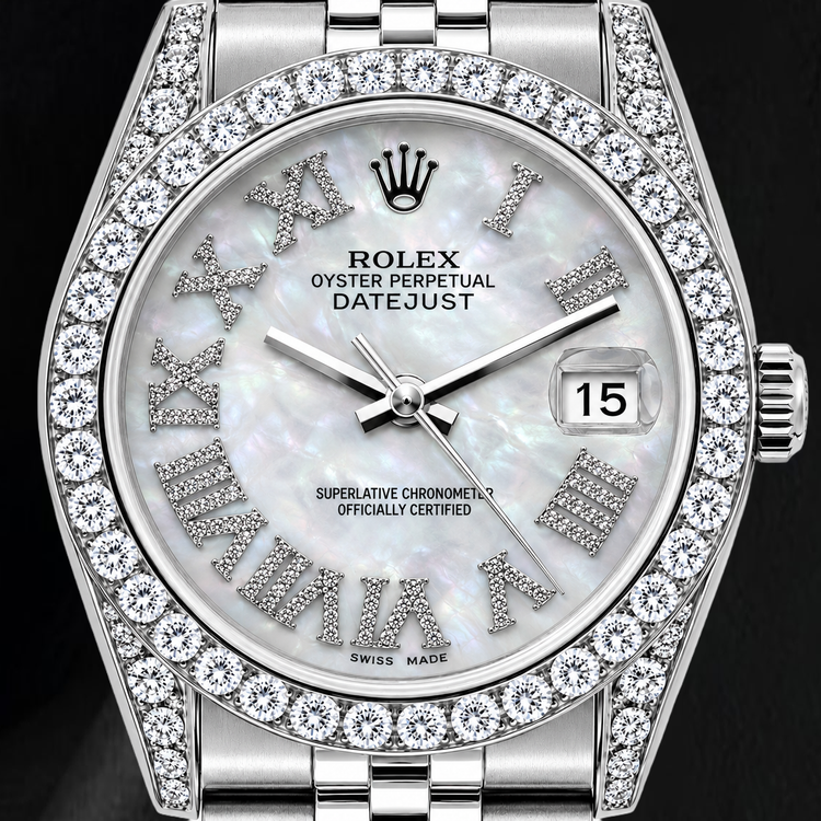 Montre Rolex Datejust 16200 36 mm en Acier Inoxydable avec Cadran Diamants en Nacre Blanche et Chiffres Romains