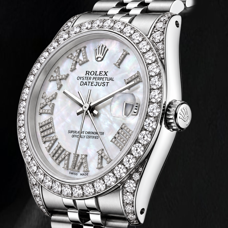 Montre Rolex Datejust 16200 36 mm en Acier Inoxydable avec Cadran Diamants en Nacre Blanche et Chiffres Romains