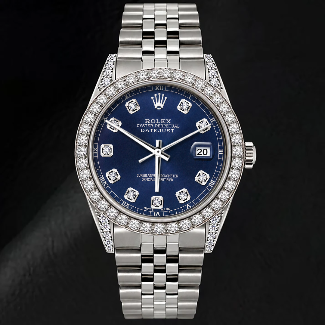 Montre Rolex Datejust 16200 Cadran Diamants Bleu 36 mm Lunette Diamants Acier Inoxydable