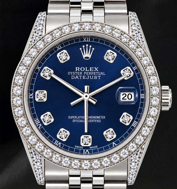 Montre Rolex Datejust 16200 Cadran Diamants Bleu 36 mm Lunette Diamants Acier Inoxydable