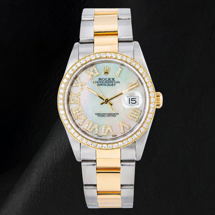 Montre Rolex Datejust 16203 36 mm Bicolore Cadran Diamants en Nacre Blanche Chiffres Romains