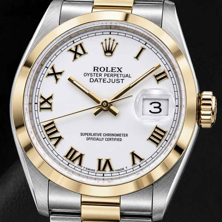 Montre Rolex Datejust 16203 36 mm Bicolore Cadran Blanc Chiffres Romains