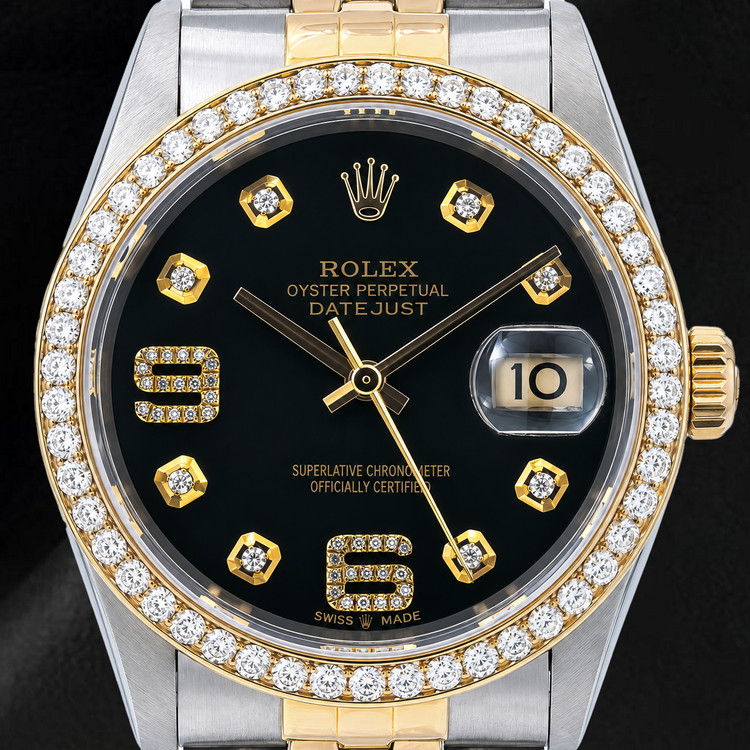 Montre Rolex Datejust 16233 36 mm Bicolore Cadran Diamants Noir Chiffres Arabes