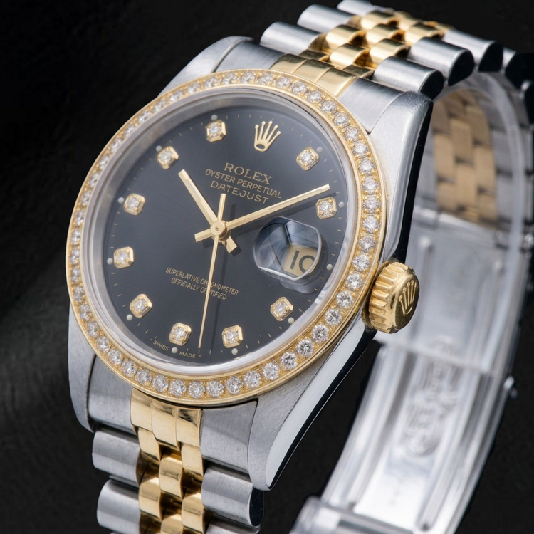 Montre Rolex Datejust 16233 36 mm Bicolore Cadran Diamants Noir Chiffres Arabes