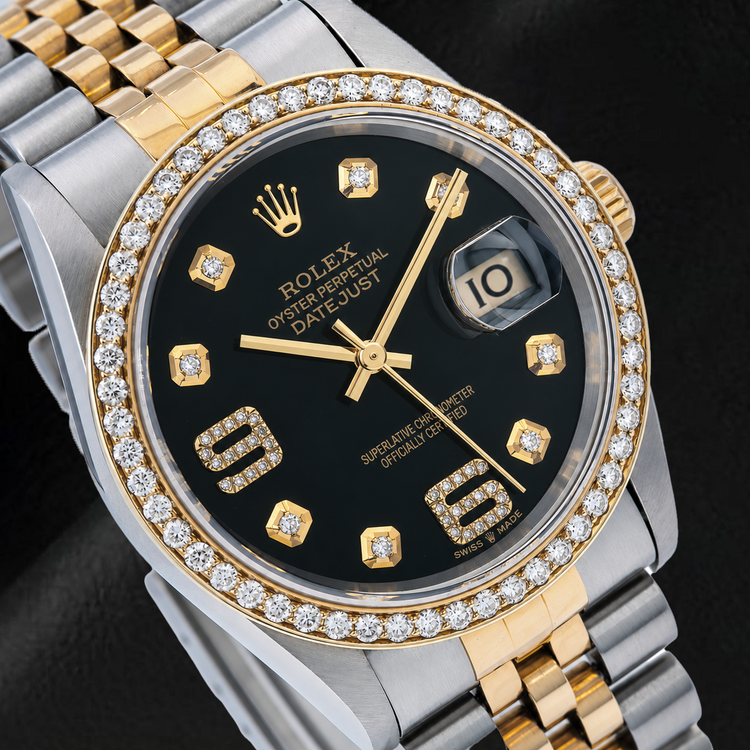 Montre Rolex Datejust 16233 36 mm Bicolore Cadran Diamants Noir Chiffres Arabes