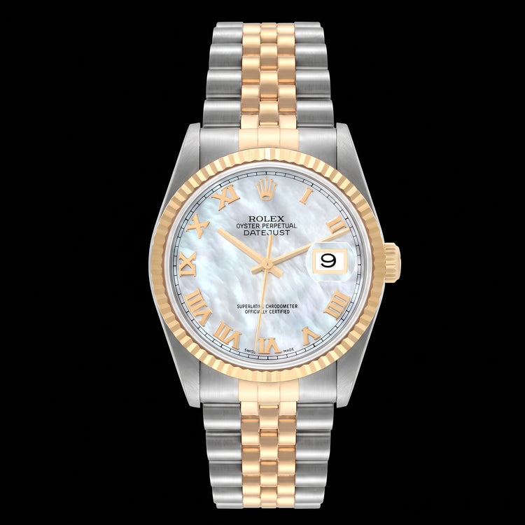Montre Rolex Datejust 16233 36 mm Bicolore Cadran en Nacre Bleue Chiffres Romains