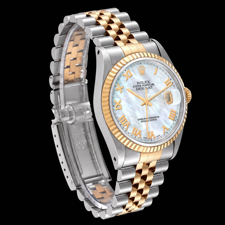 Montre Rolex Datejust 16233 36 mm Bicolore Cadran en Nacre Bleue Chiffres Romains