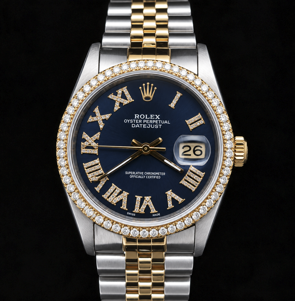 Montre Rolex Datejust 16233 36 mm Bicolore Cadran Diamants Bleu Chiffres Romains
