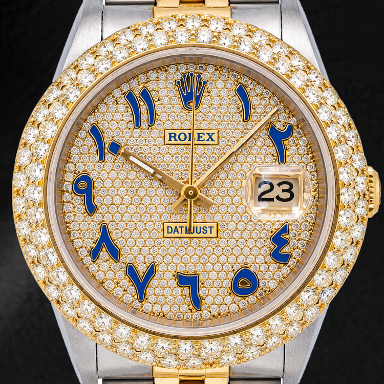 Montre Rolex Datejust 16233 36 mm bicolore pavée de diamants, cadran bleu à chiffres arabes orientaux