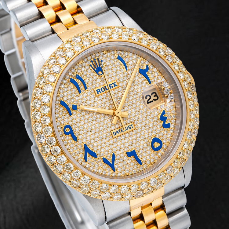 Montre Rolex Datejust 16233 36 mm bicolore pavée de diamants, cadran bleu à chiffres arabes orientaux