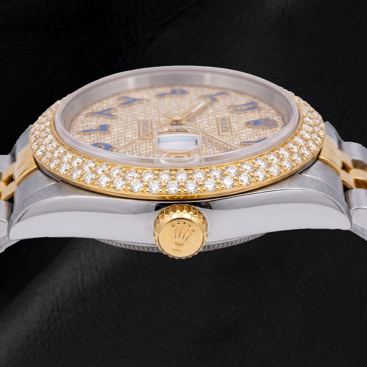 Montre Rolex Datejust 16233 36 mm bicolore pavée de diamants, cadran bleu à chiffres arabes orientaux