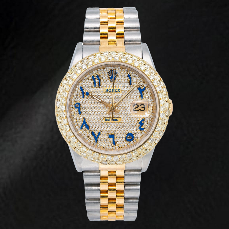 Montre Rolex Datejust 16233 36 mm bicolore pavée de diamants, cadran bleu à chiffres arabes orientaux