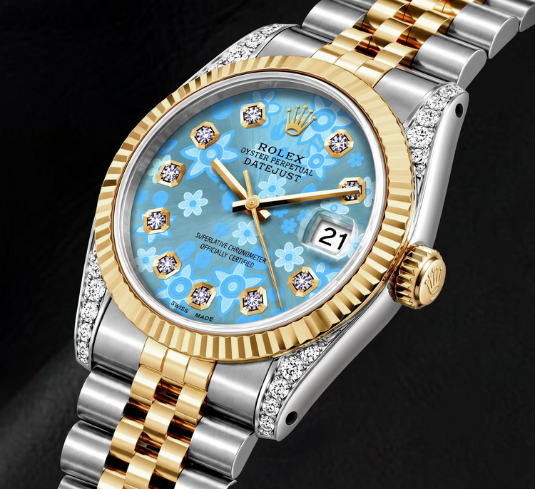 Montre Rolex Datejust 16233 36 mm Bicolore Cadran Diamants Bleu Glacier Floral