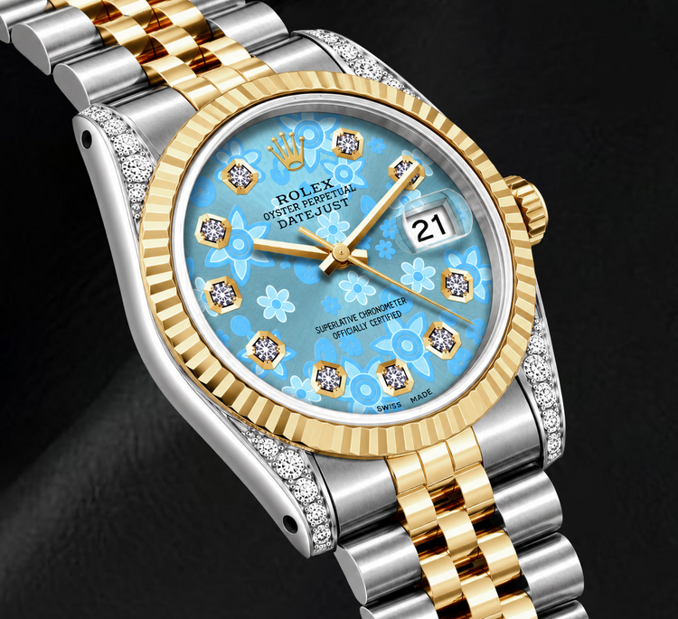 Montre Rolex Datejust 16233 36 mm Bicolore Cadran Diamants Bleu Glacier Floral