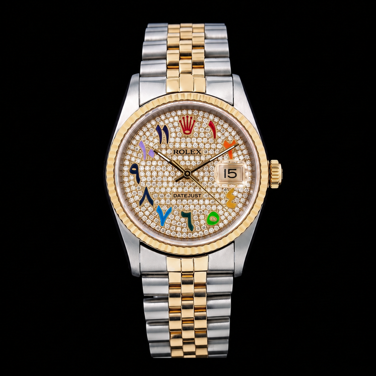 Rolex Datejust 16233 36 mm Montre Bicolore Cadran Diamants Arc-en-ciel Chiffres Arabes Orientaux