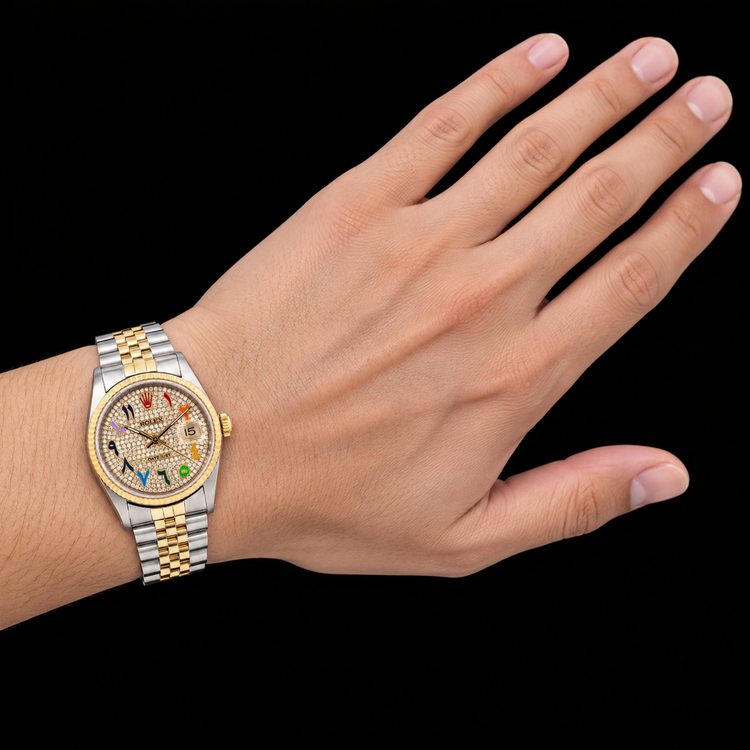 Rolex Datejust 16233 36 mm Montre Bicolore Cadran Diamants Arc-en-ciel Chiffres Arabes Orientaux