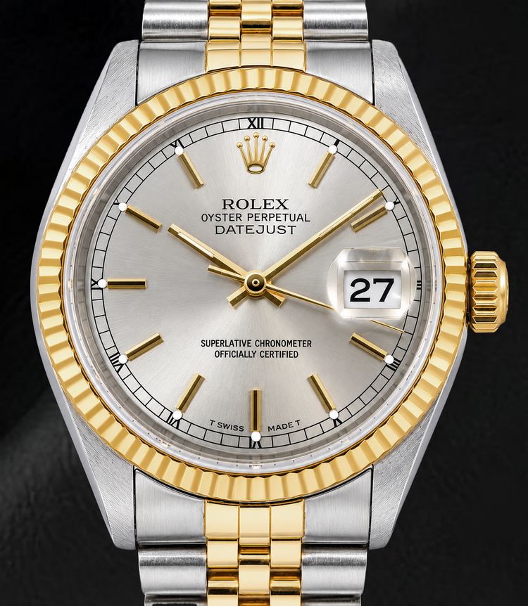 Montre Rolex Datejust 16233 36 mm Bicolore Cadran Argenté à Index Bâtons
