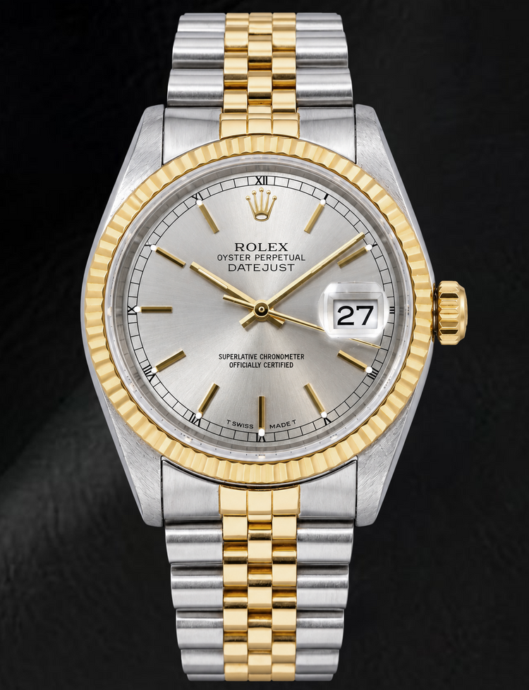 Montre Rolex Datejust 16233 36 mm Bicolore Cadran Argenté à Index Bâtons