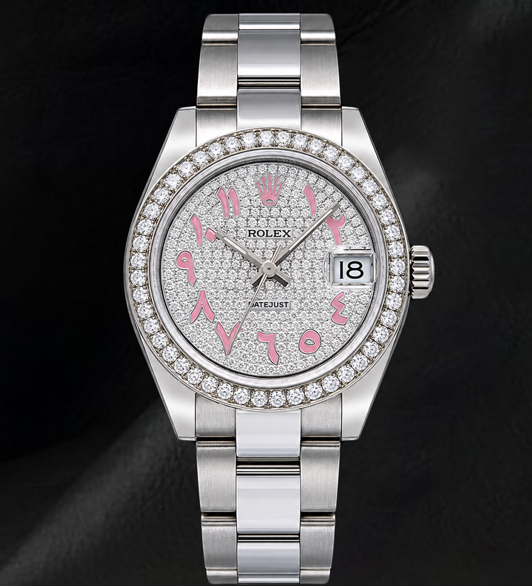 Montre Rolex Datejust 178240 31 mm en Acier Inoxydable Cadran Pavé de Diamants Rose à Chiffres Arabes Orientaux