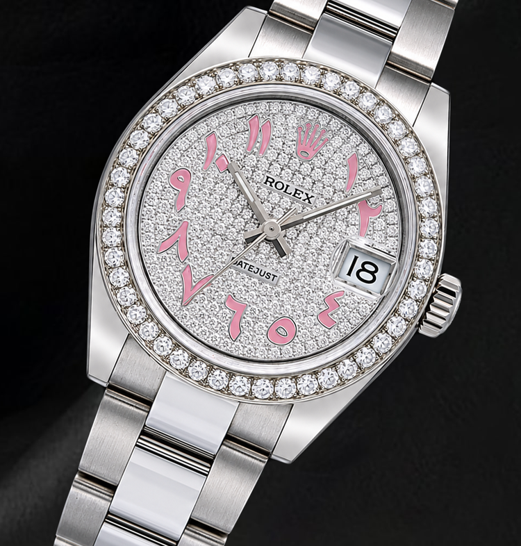 Montre Rolex Datejust 178240 31 mm en Acier Inoxydable Cadran Pavé de Diamants Rose à Chiffres Arabes Orientaux