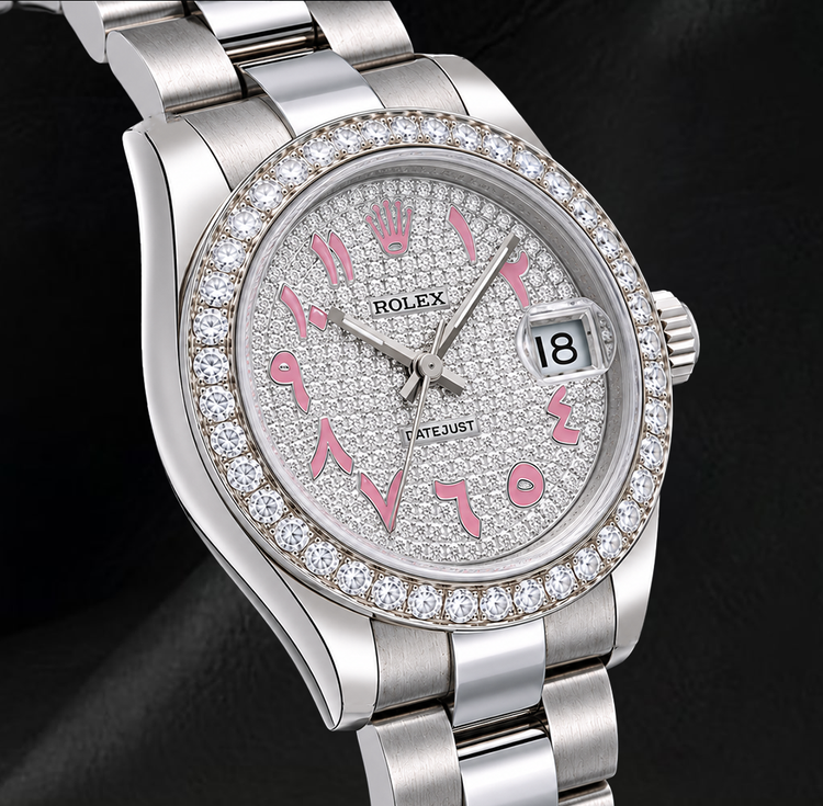 Montre Rolex Datejust 178240 31 mm en Acier Inoxydable Cadran Pavé de Diamants Rose à Chiffres Arabes Orientaux