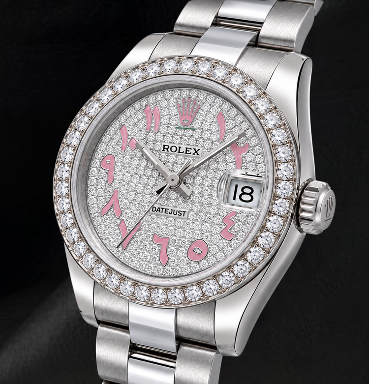Montre Rolex Datejust 178240 31 mm en Acier Inoxydable Cadran Pavé de Diamants Rose à Chiffres Arabes Orientaux