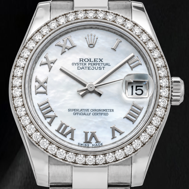 Montre Rolex Datejust 178240 31 mm en Acier Inoxydable, Cadran en Nacre Blanche à Chiffres Romains, Lunette en Diamants