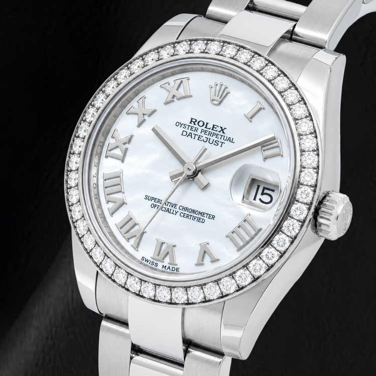 Montre Rolex Datejust 178240 31 mm en Acier Inoxydable, Cadran en Nacre Blanche à Chiffres Romains, Lunette en Diamants