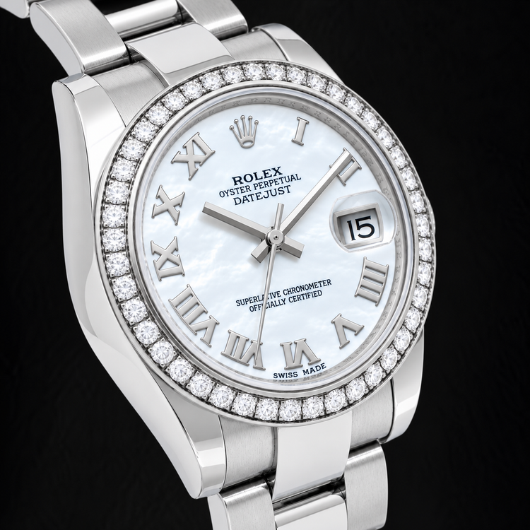 Montre Rolex Datejust 178240 31 mm en Acier Inoxydable, Cadran en Nacre Blanche à Chiffres Romains, Lunette en Diamants