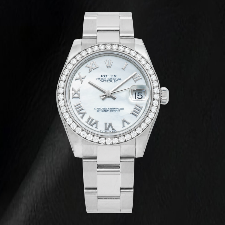 Montre Rolex Datejust 178240 31 mm en Acier Inoxydable, Cadran en Nacre Blanche à Chiffres Romains, Lunette en Diamants