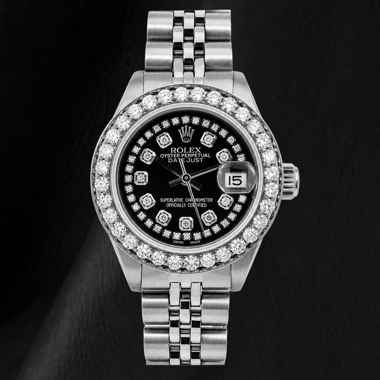 Montre Rolex Datejust 26 mm 6916 en Acier Inoxydable avec Cadran Diamants Noir Filet