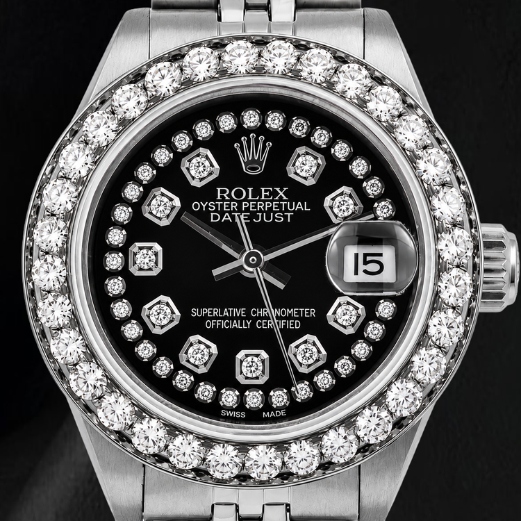 Montre Rolex Datejust 26 mm 6916 en Acier Inoxydable, Cadran Diamants Noir à Liseré