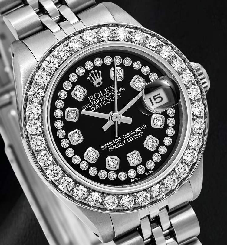 Montre Rolex Datejust 26 mm 6916 en Acier Inoxydable, Cadran Diamants Noir à Liseré