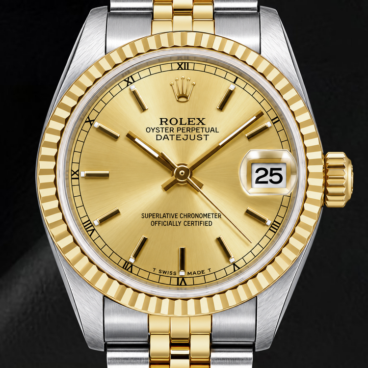 Montre Rolex Datejust 6824 31 mm bicolore cadran champagne index bâtons et chiffres romains