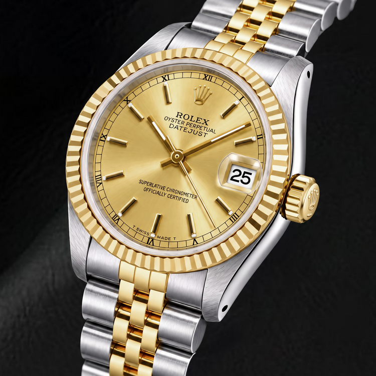 Montre Rolex Datejust 6824 31 mm bicolore cadran champagne index bâtons et chiffres romains
