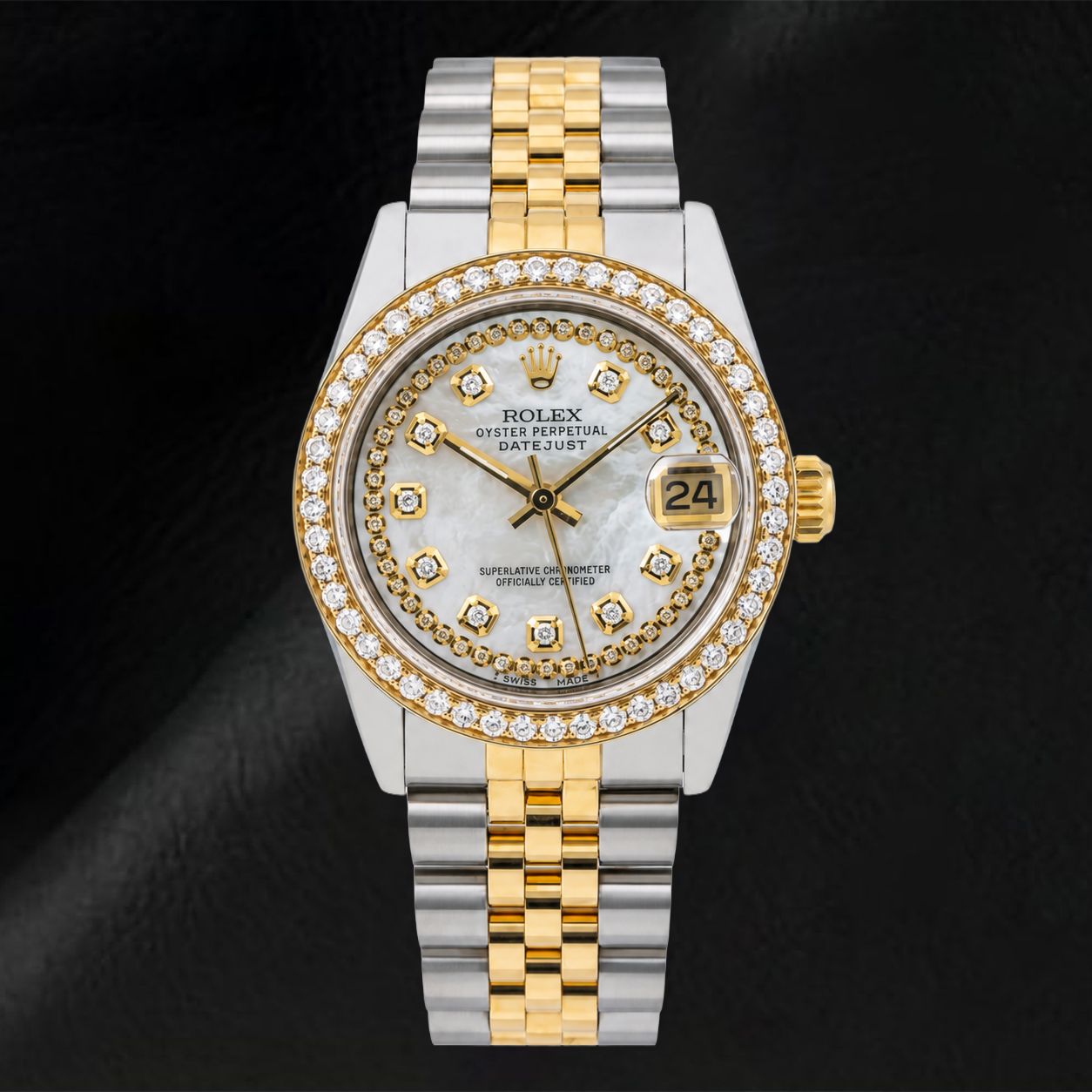 Rolex Datejust 31 mm 6824 Cadran Diamants en Nacre Blanche avec Liseré Bracelet Jubilé Bicolore