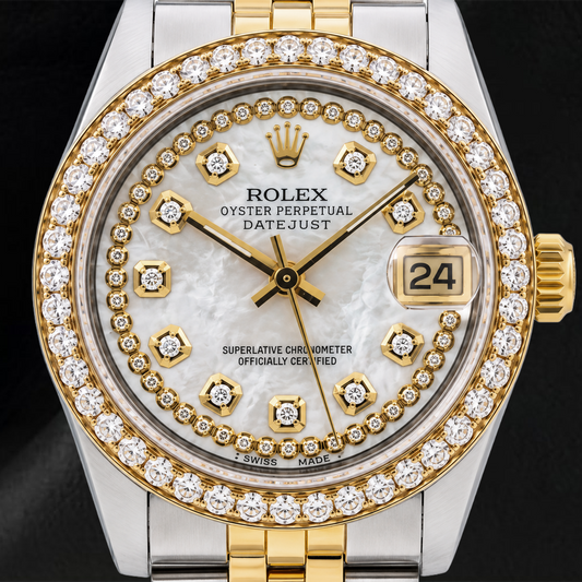 Rolex Datejust 31 mm 6824 Cadran Diamants en Nacre Blanche avec Liseré Bracelet Jubilé Bicolore