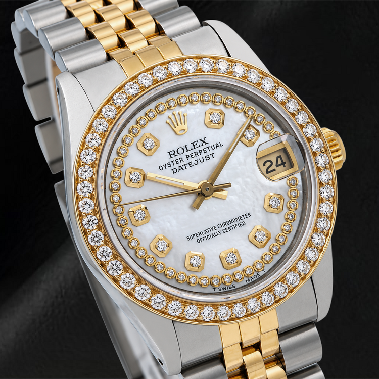Rolex Datejust 31 mm 6824 Cadran Diamants en Nacre Blanche avec Liseré Bracelet Jubilé Bicolore