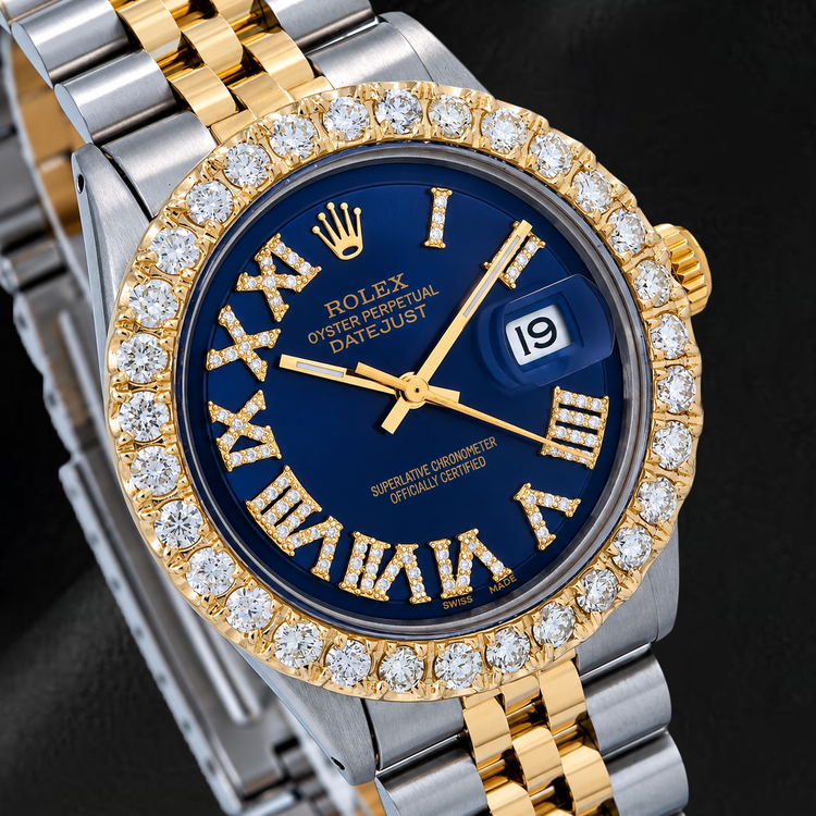 Rolex Datejust 36 mm 1601 Cadran Diamants Bleu Chiffres Romains Bicolore Bracelet Jubilé