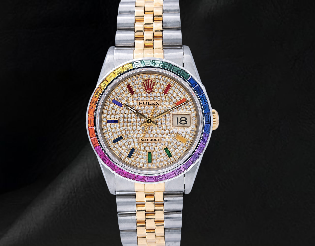 Montre Rolex Datejust 36 mm 16013 Bicolore Cadran Pavé de Diamants Index Arc-en-Ciel