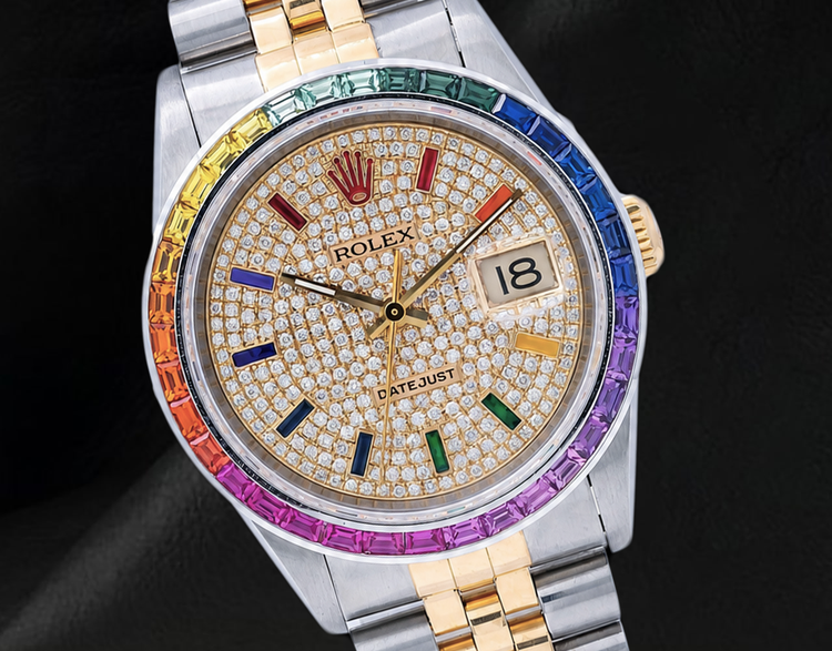 Montre Rolex Datejust 36 mm 16013 bicolore cadran pavé de diamants et index arc-en-ciel